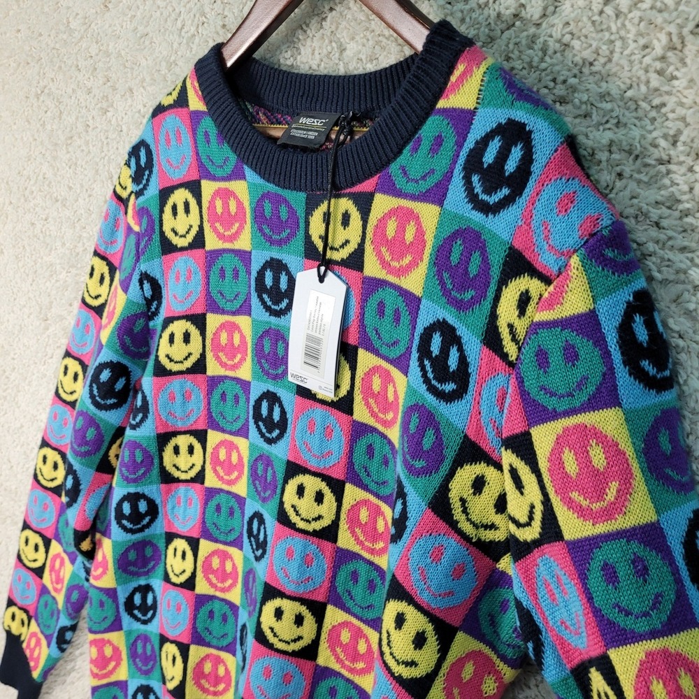 WESC Leon Pop Smiley Face Sweater Men's Large Knitted Paris Nights Multicolor - Picture 9 of 11
